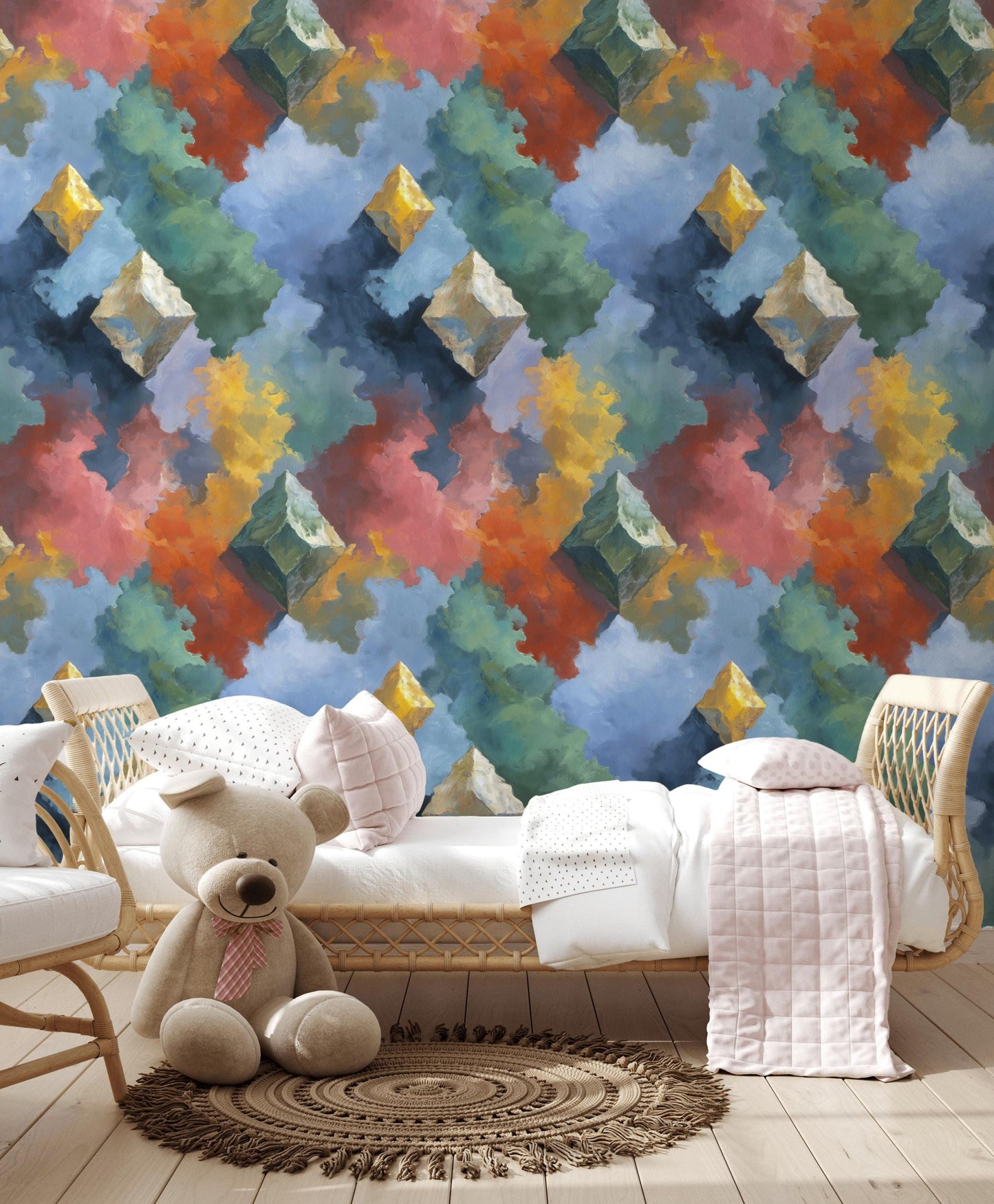 Geometric Cloud Wall Mural: Abstract Peel and Stick Wallpaper