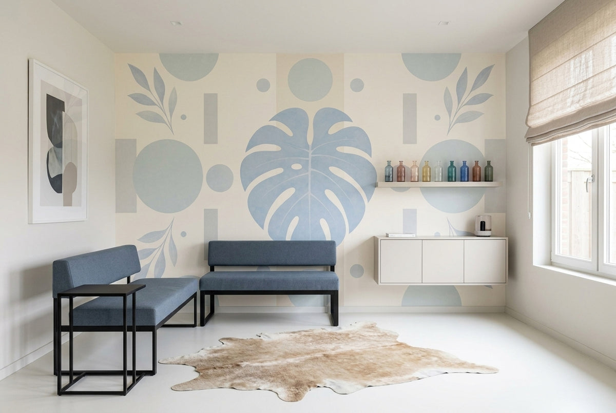 Monstera Wall Mural Soft Blue Sage Geometric Botanical Modern Minimal Decor