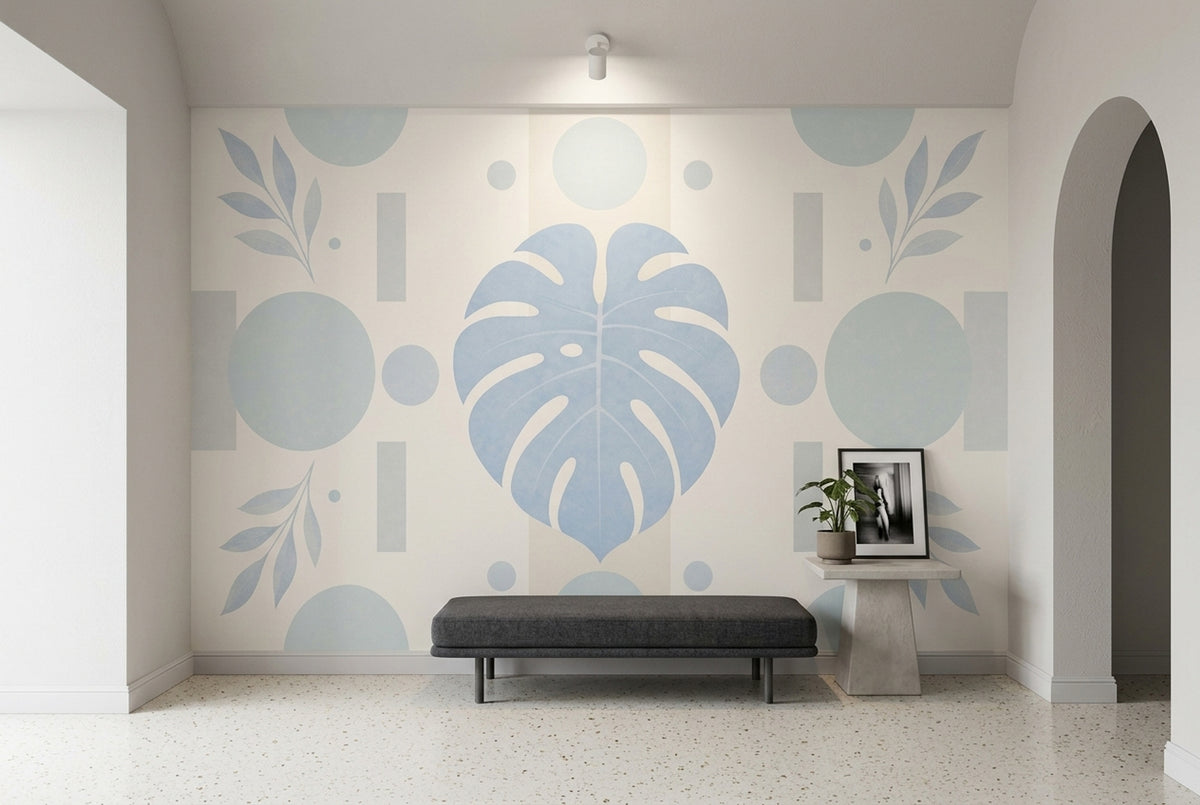 Monstera Wall Mural Soft Blue Sage Geometric Botanical Modern Minimal Decor