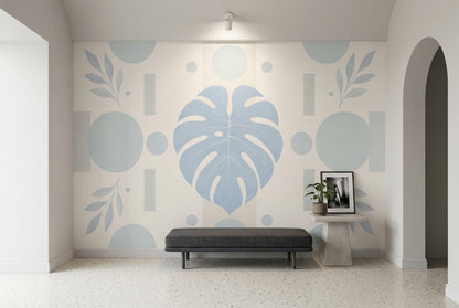 Monstera Wall Mural Soft Blue Sage Geometric Botanical Modern Minimal Decor