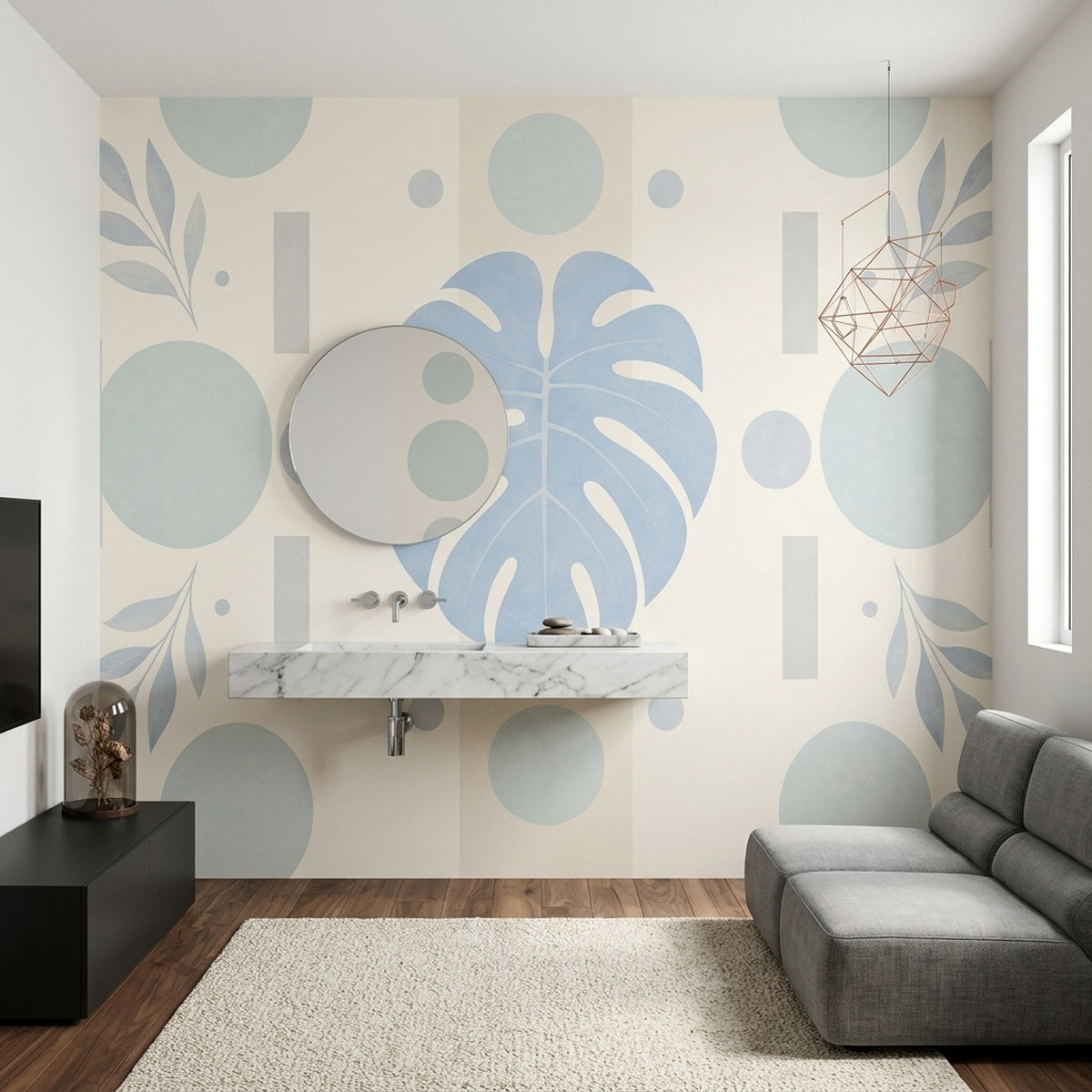 Monstera Wall Mural Soft Blue Sage Geometric Botanical Modern Minimal Decor