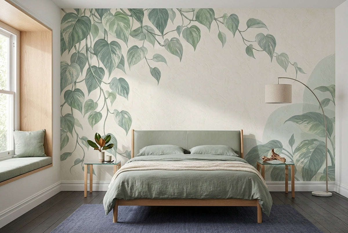 Botanical Vine Wall Mural Sage Green Pothos Leaves Organic Modern Decor