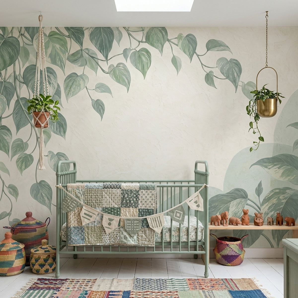 Botanical Vine Wall Mural Sage Green Pothos Leaves Organic Modern Decor