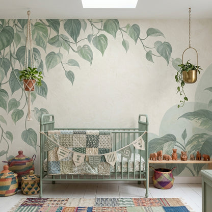 Botanical Vine Wall Mural Sage Green Pothos Leaves Organic Modern Decor