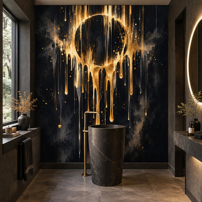 Metallic Gold Drip Skull Wall Mural Black Background Dark Luxury Decor
