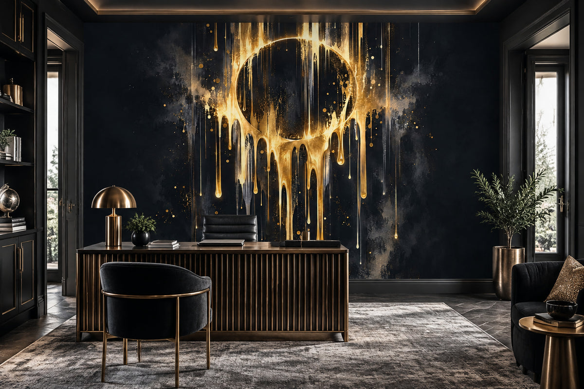 Metallic Gold Drip Skull Wall Mural Black Background Dark Luxury Decor