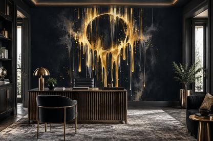 Metallic Gold Drip Skull Wall Mural Black Background Dark Luxury Decor