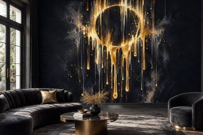 Metallic Gold Drip Skull Wall Mural Black Background Dark Luxury Decor