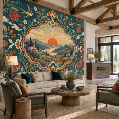 Mediterranean Folk Art Wall Mural Tuscan Landscape Floral Decor