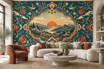 Mediterranean Folk Art Wall Mural Tuscan Landscape Floral Decor