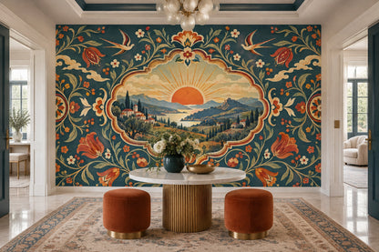 Mediterranean Folk Art Wall Mural Tuscan Landscape Floral Decor