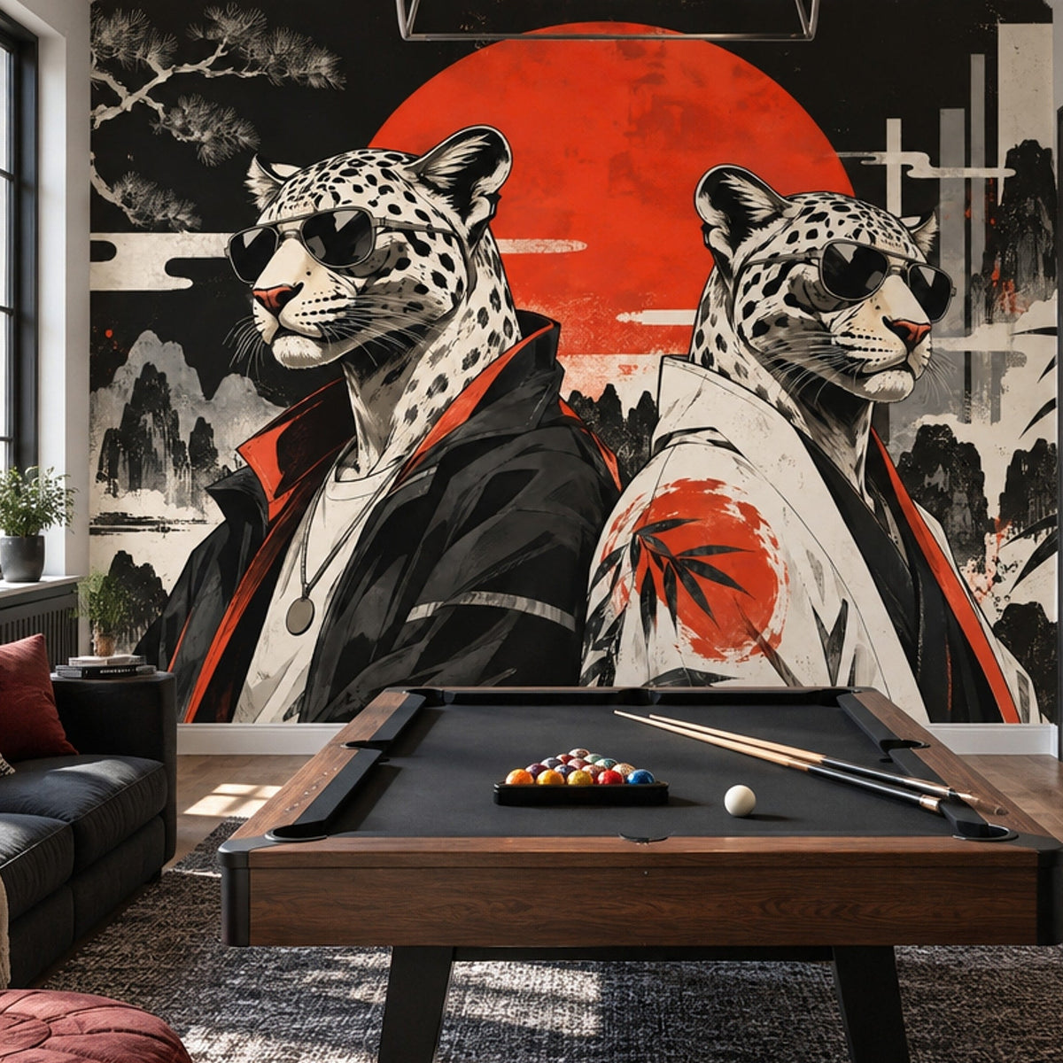 Snow Leopard Wall Mural Streetwear Red Sun Ink Wash Urban Art