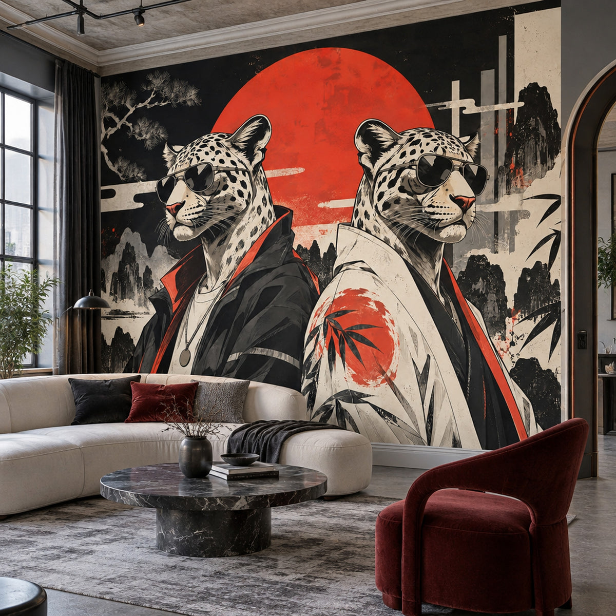 Snow Leopard Wall Mural Streetwear Red Sun Ink Wash Urban Art