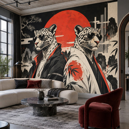 Snow Leopard Wall Mural Streetwear Red Sun Ink Wash Urban Art