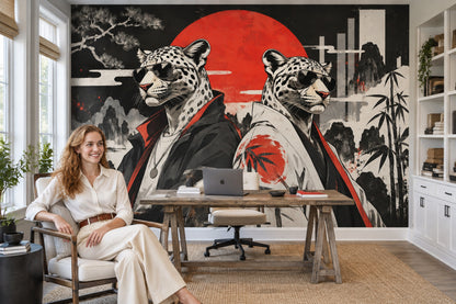 Snow Leopard Wall Mural Streetwear Red Sun Ink Wash Urban Art