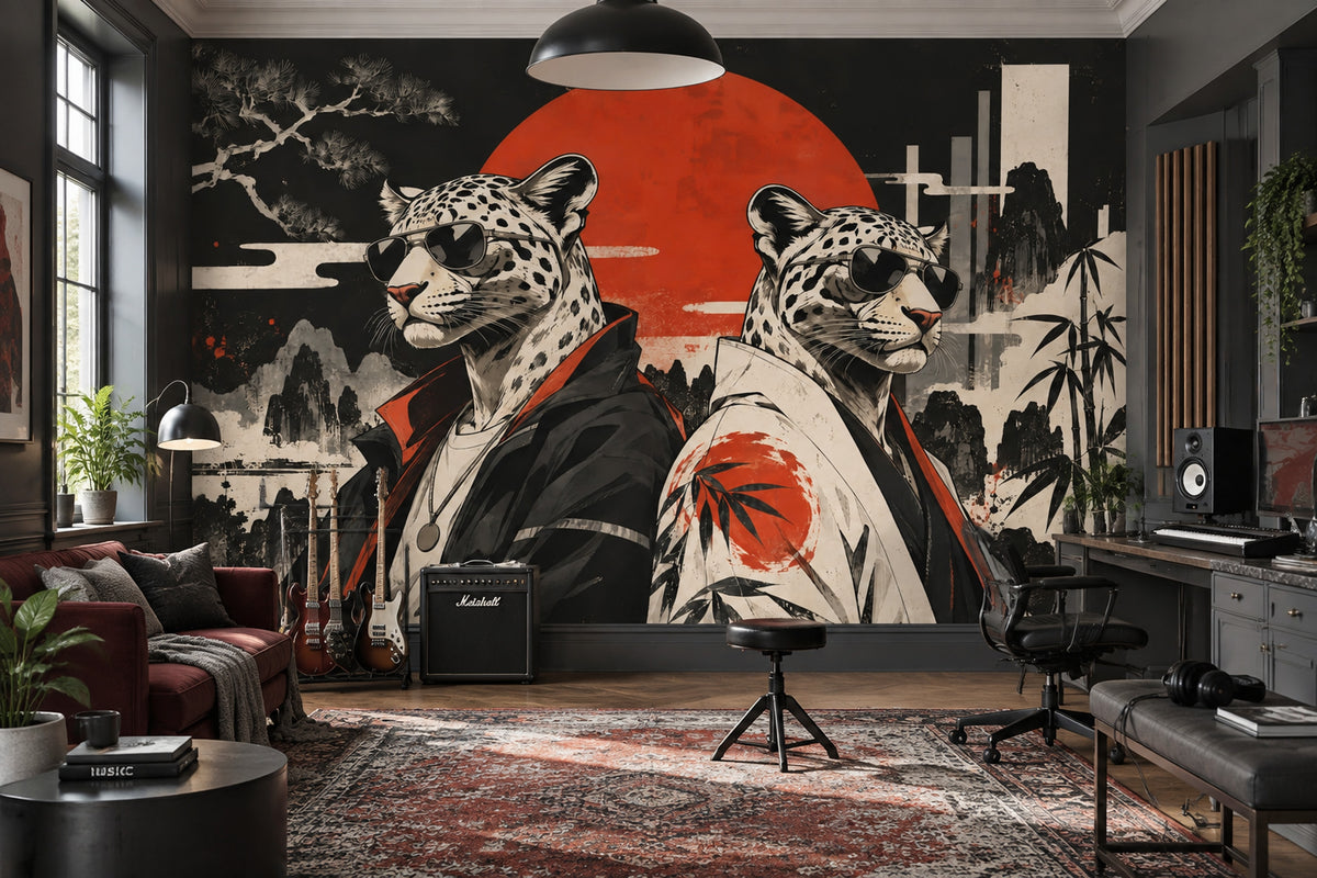 Snow Leopard Wall Mural Streetwear Red Sun Ink Wash Urban Art