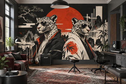 Snow Leopard Wall Mural Streetwear Red Sun Ink Wash Urban Art