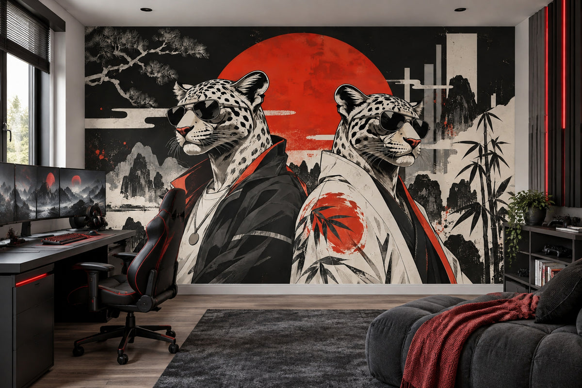 Snow Leopard Wall Mural Streetwear Red Sun Ink Wash Urban Art