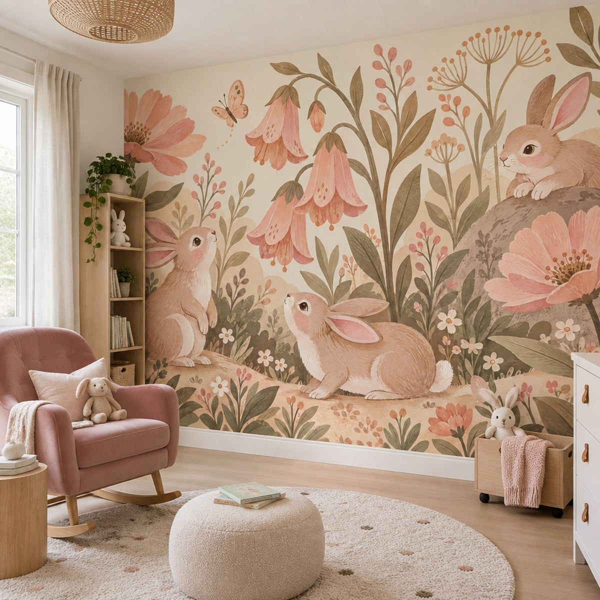 Woodland Bunny Wall Mural Storybook Garden Botanical Nursery Decor