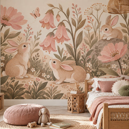 Woodland Bunny Wall Mural Storybook Garden Botanical Nursery Decor