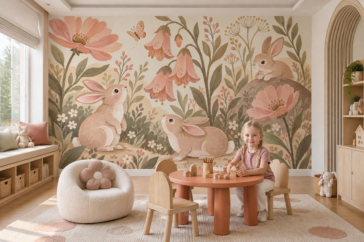 Woodland Bunny Wall Mural Storybook Garden Botanical Nursery Decor