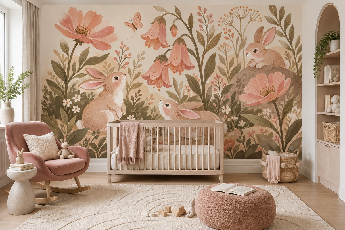 Woodland Bunny Wall Mural Storybook Garden Botanical Nursery Decor