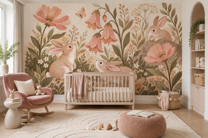 Woodland Bunny Wall Mural Storybook Garden Botanical Nursery Decor