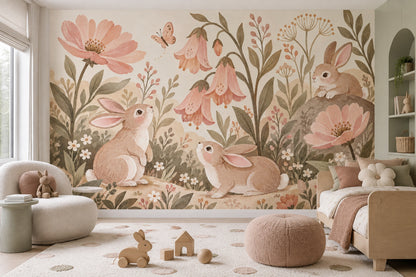 Woodland Bunny Wall Mural Storybook Garden Botanical Nursery Decor