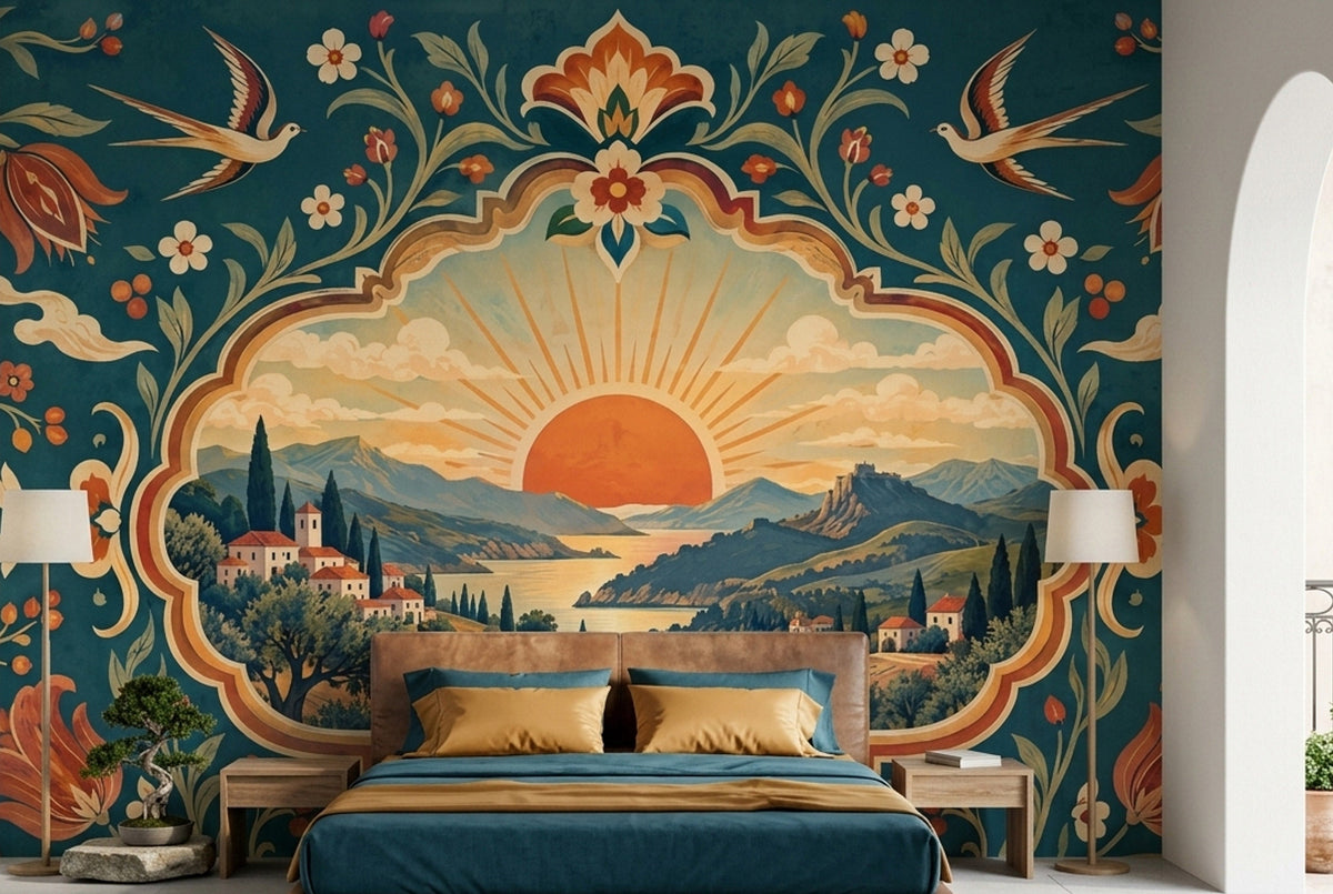 Mediterranean Folk Art Wall Mural Tuscan Landscape Floral Decor