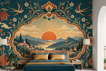 Mediterranean Folk Art Wall Mural Tuscan Landscape Floral Decor