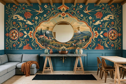 Mediterranean Folk Art Wall Mural Tuscan Landscape Floral Decor