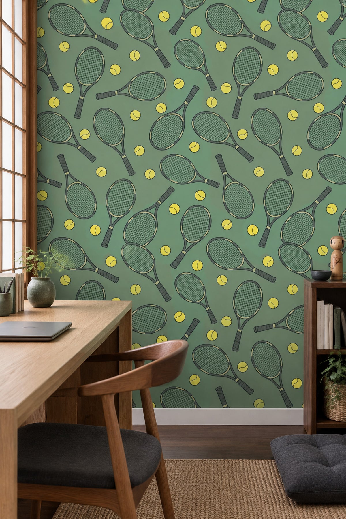 Retro Tennis Club Wallpaper with Rackets and Yellow Balls