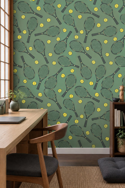Retro Tennis Club Wallpaper with Rackets and Yellow Balls