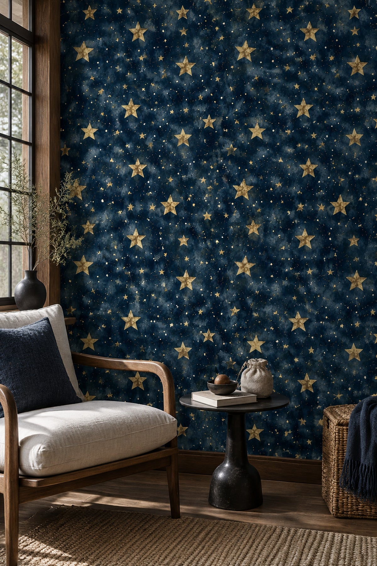 Midnight Blue Celestial Wallpaper with Golden Stars