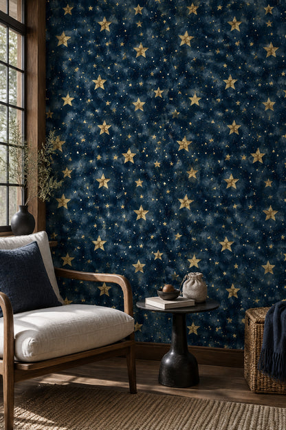 Midnight Blue Celestial Wallpaper with Golden Stars