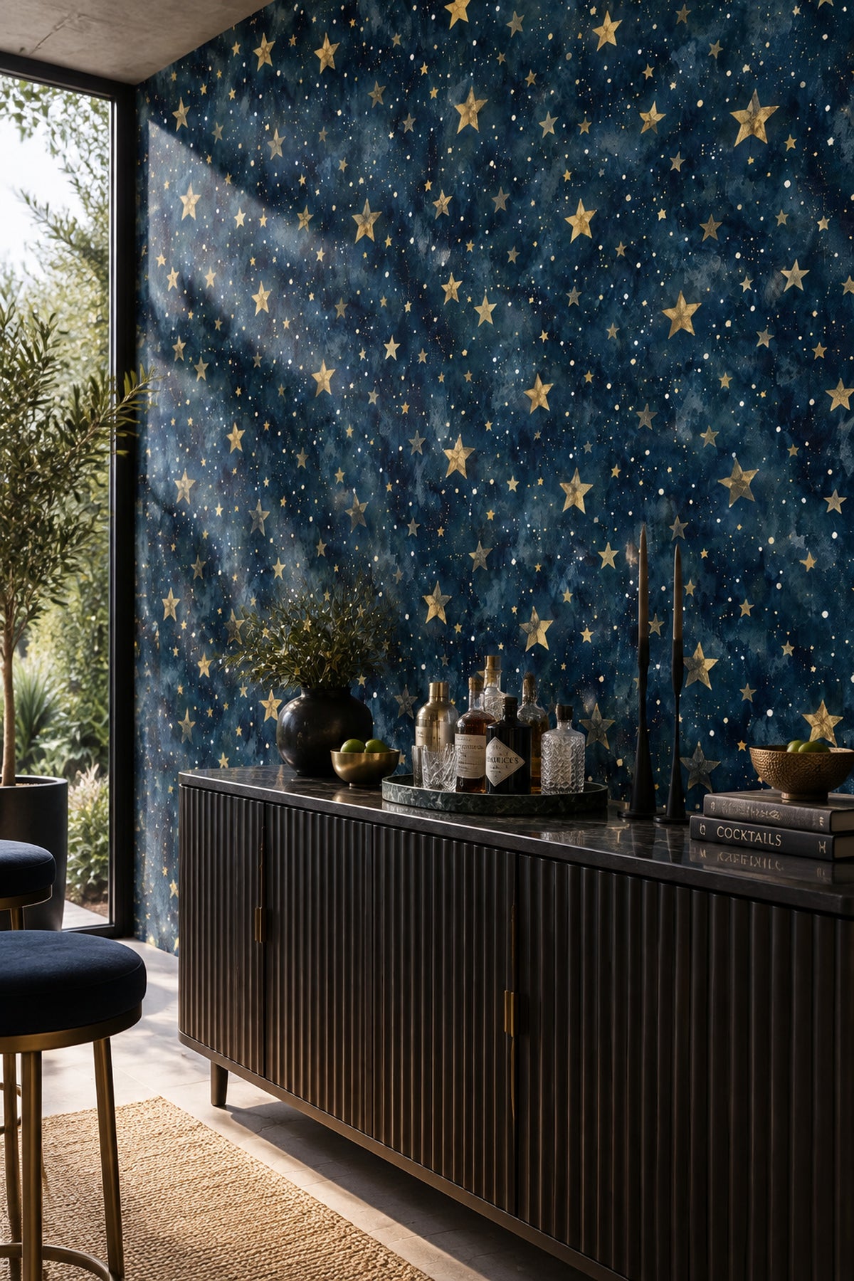 Midnight Blue Celestial Wallpaper with Golden Stars