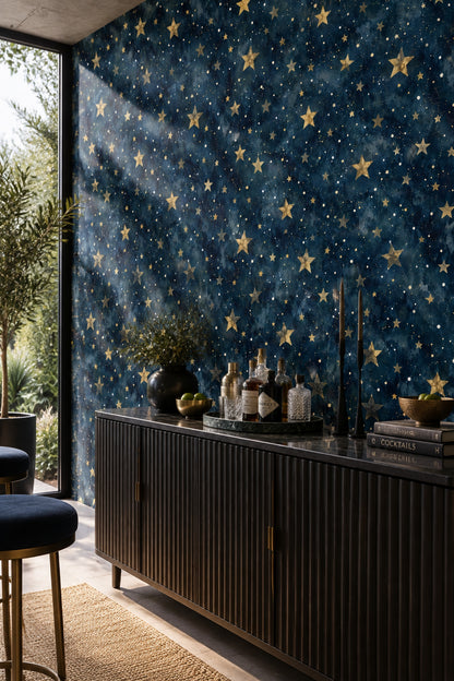 Midnight Blue Celestial Wallpaper with Golden Stars