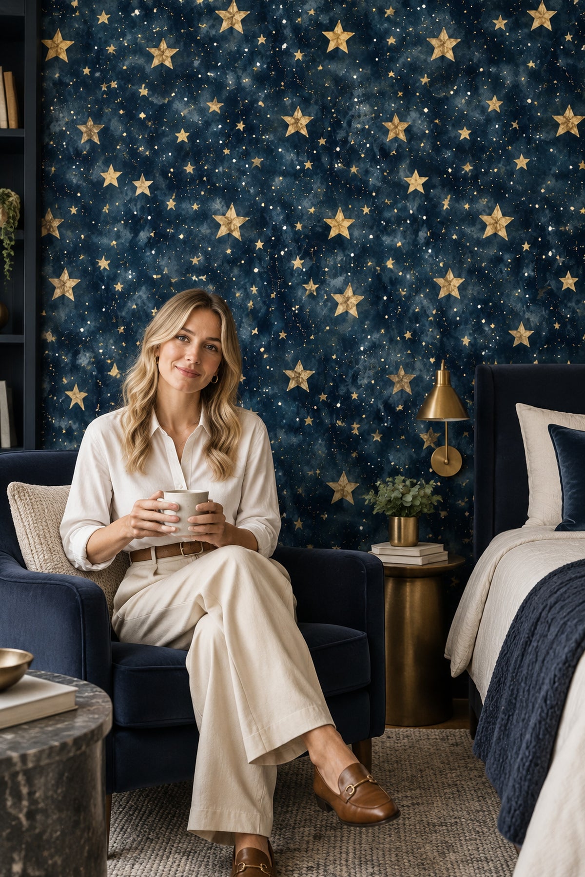Midnight Blue Celestial Wallpaper with Golden Stars