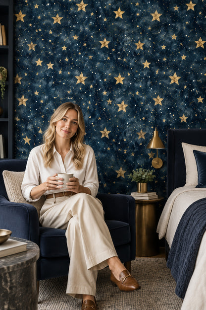 Midnight Blue Celestial Wallpaper with Golden Stars