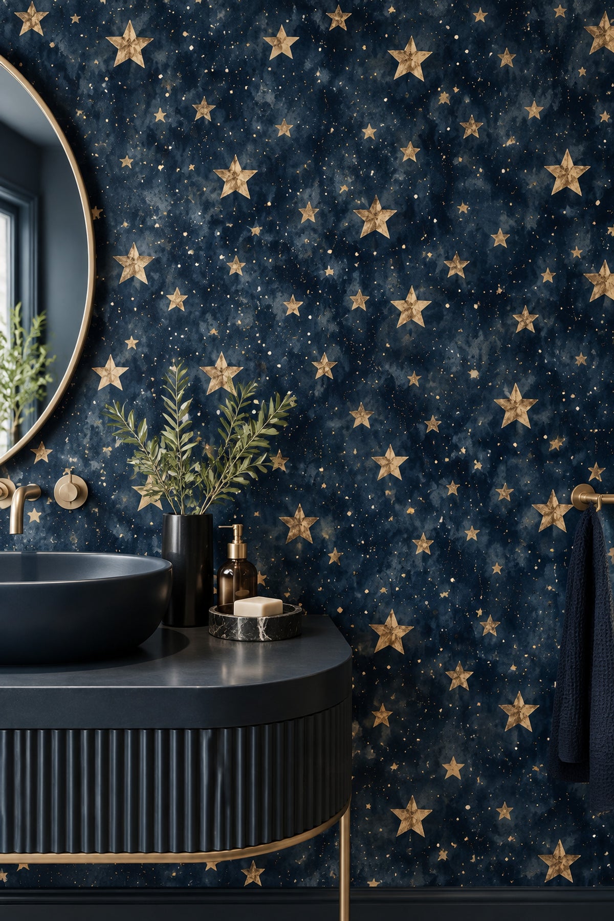 Midnight Blue Celestial Wallpaper with Golden Stars