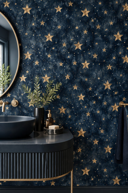 Midnight Blue Celestial Wallpaper with Golden Stars