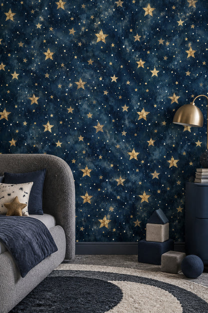 Midnight Blue Celestial Wallpaper with Golden Stars