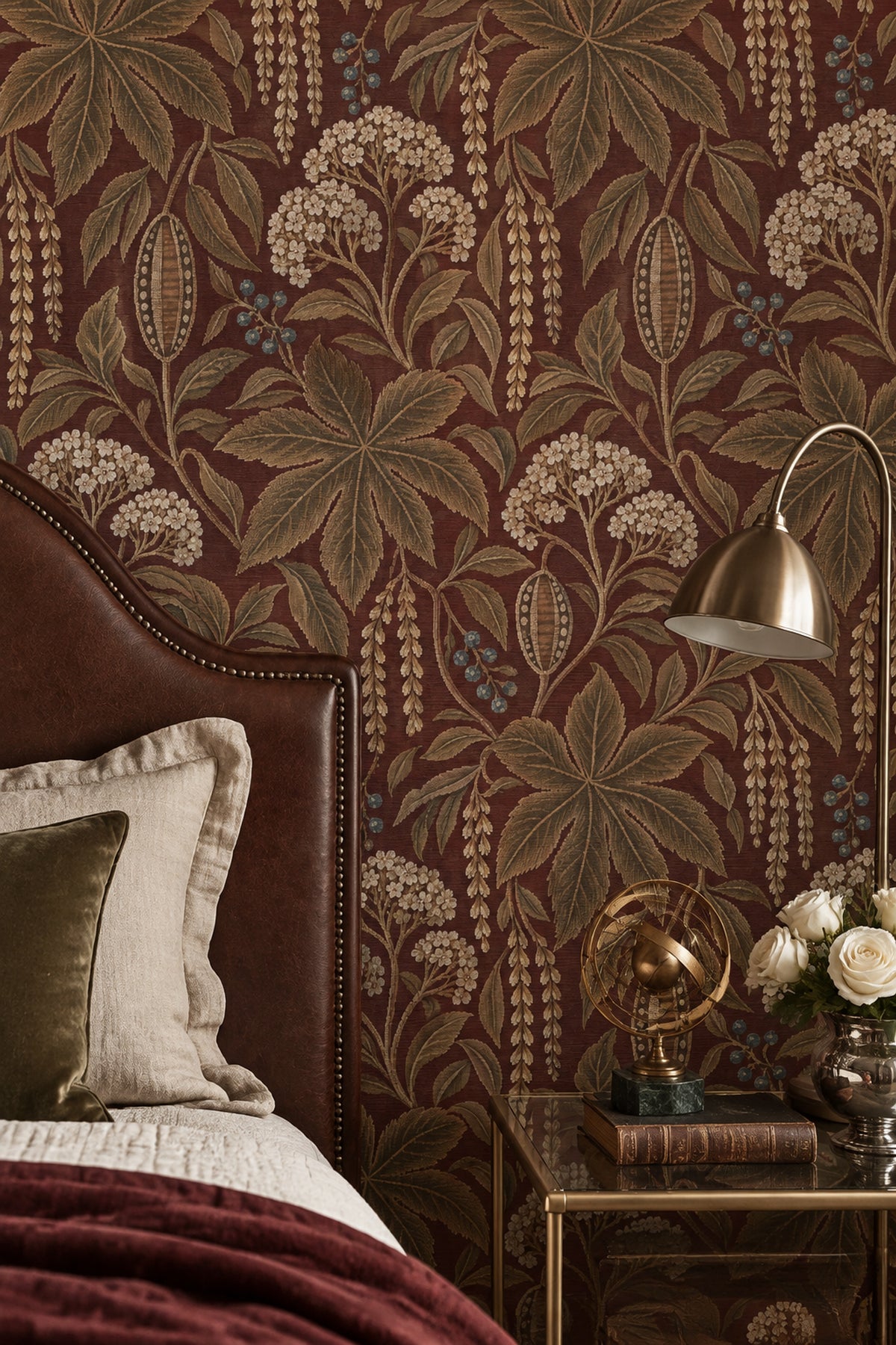 Vintage Botanical Wallpaper in Burgundy with Antique Tapestry Effect