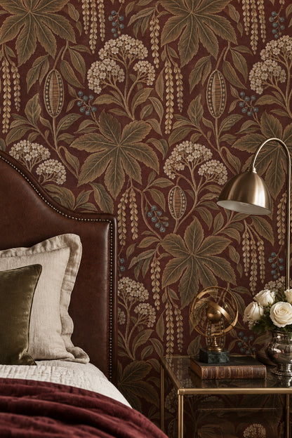 Vintage Botanical Wallpaper in Burgundy with Antique Tapestry Effect