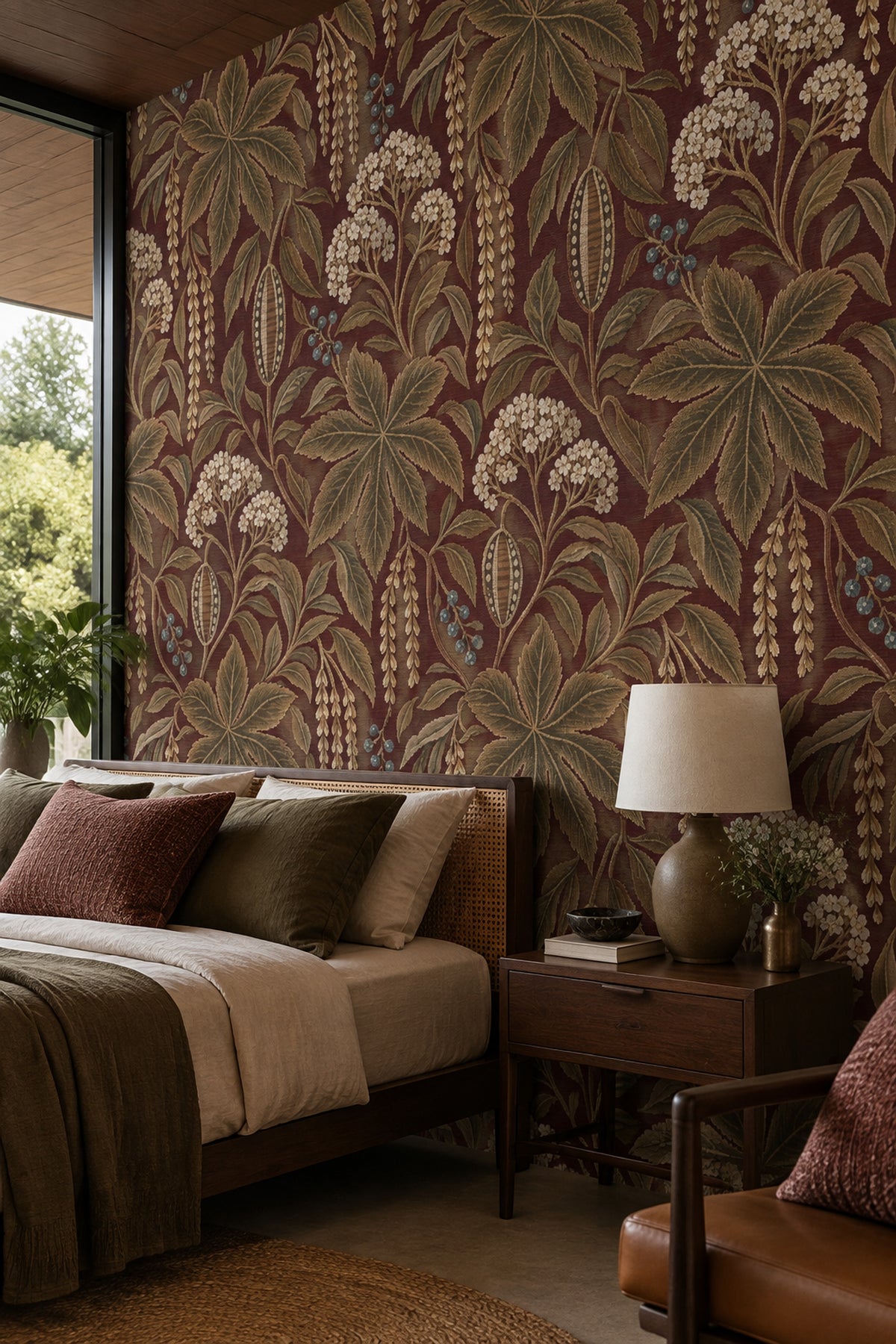 Vintage Botanical Wallpaper in Burgundy with Antique Tapestry Effect