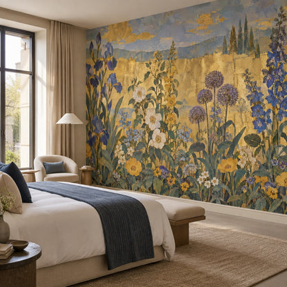 Blue Iris Garden Wall Mural in Antique Gold