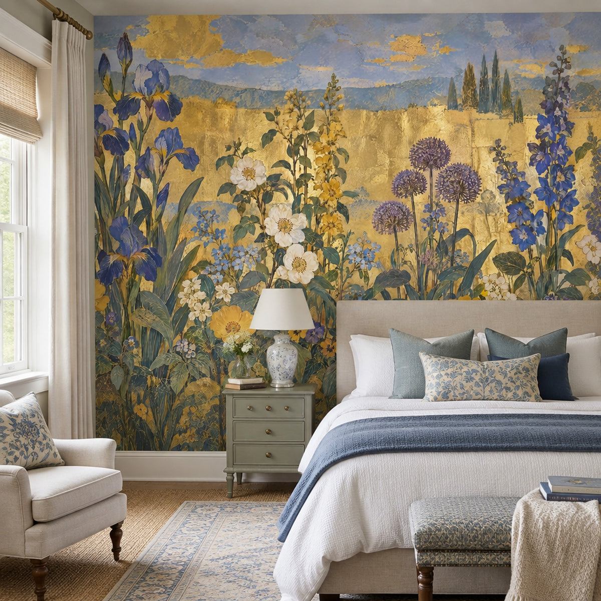 Blue Iris Garden Wall Mural in Antique Gold