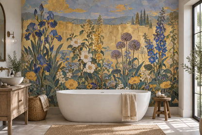 Blue Iris Garden Wall Mural in Antique Gold