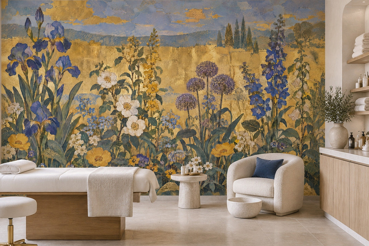 Blue Iris Garden Wall Mural in Antique Gold
