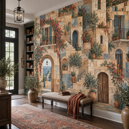 Mediterranean Village Wall Mural with Stone Arches and Sea View